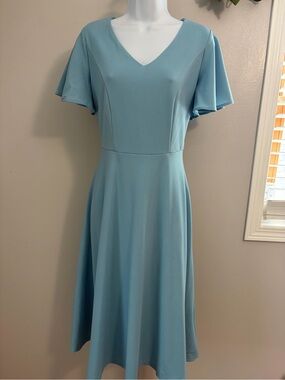NIB Bridesmay- Elegant Powder Blue V-Neck Midi Dress with Flutter Sleeves